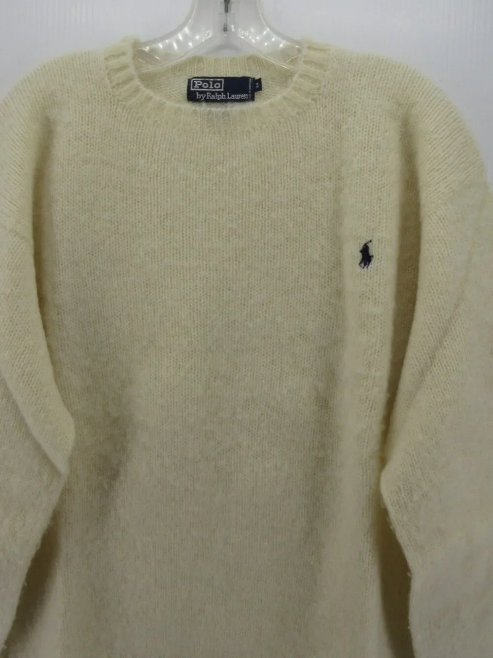 VINTAGE Polo Ralph Lauren Sweater 44 Cream Wool Fuzzy Knit Pony Large